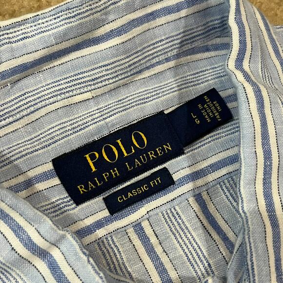 Polo Ralph Lauren Mens Linen Long Sleeve Blue Striped Button Up Shirt Size Large - Picture 3 of 6